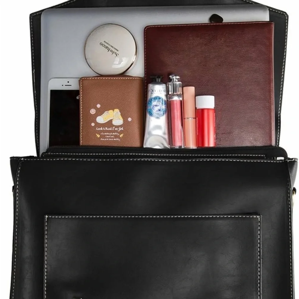Esecosusi Black Leather Messenger Bag Briefcase Top Handle Crossbody Bag Bookbag
